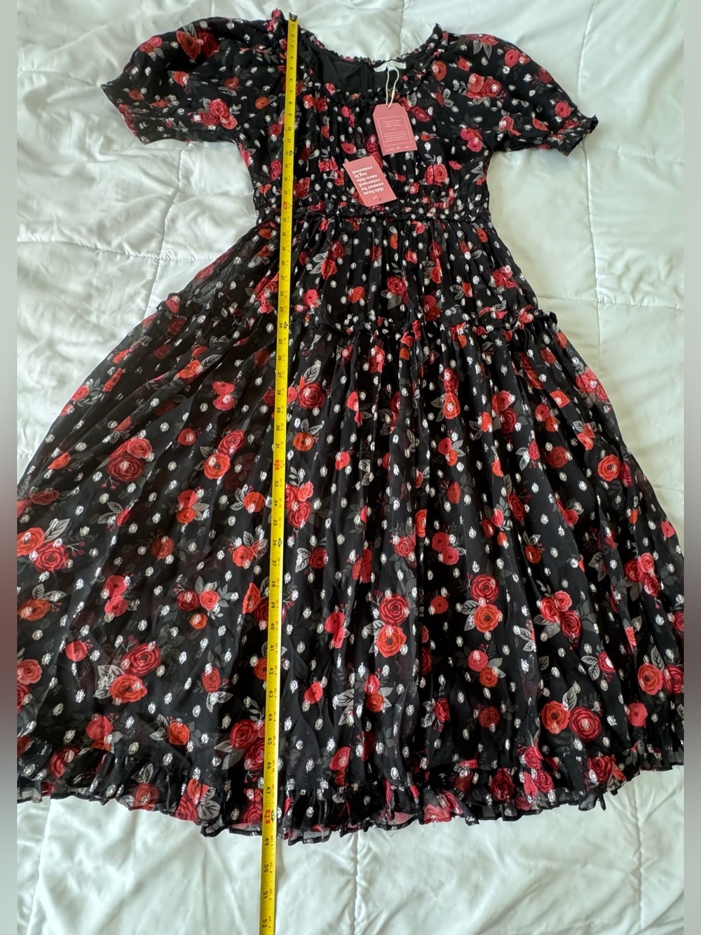 Ivy City Co Black Maxi Dress with Red Floral Print and silver polka dots. - Picture 8 of 10
